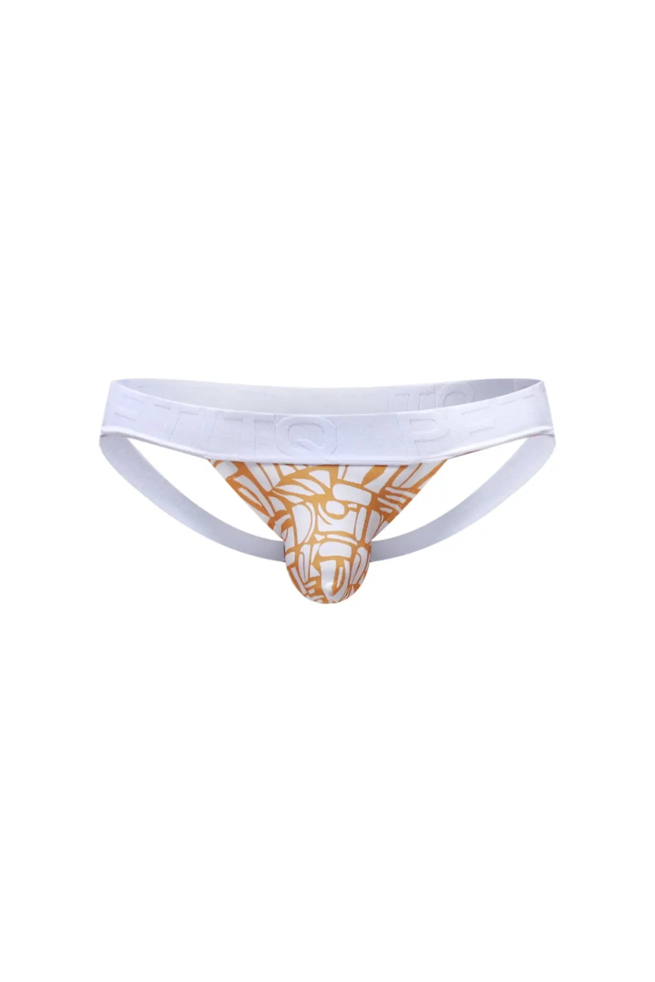 White and gold patterned PetitQ jockstrap chill Carlot alloy briefs with bold geometric design for athletic use