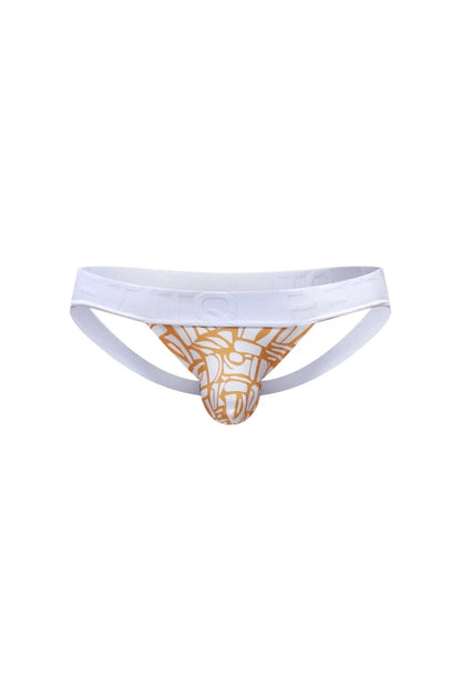 White and gold patterned PetitQ jockstrap chill Carlot alloy briefs with bold geometric design for athletic use