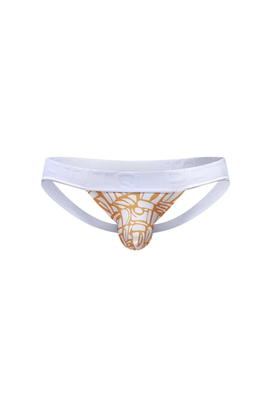White and gold patterned PetitQ jockstrap chill Carlot alloy briefs with bold geometric design for athletic use