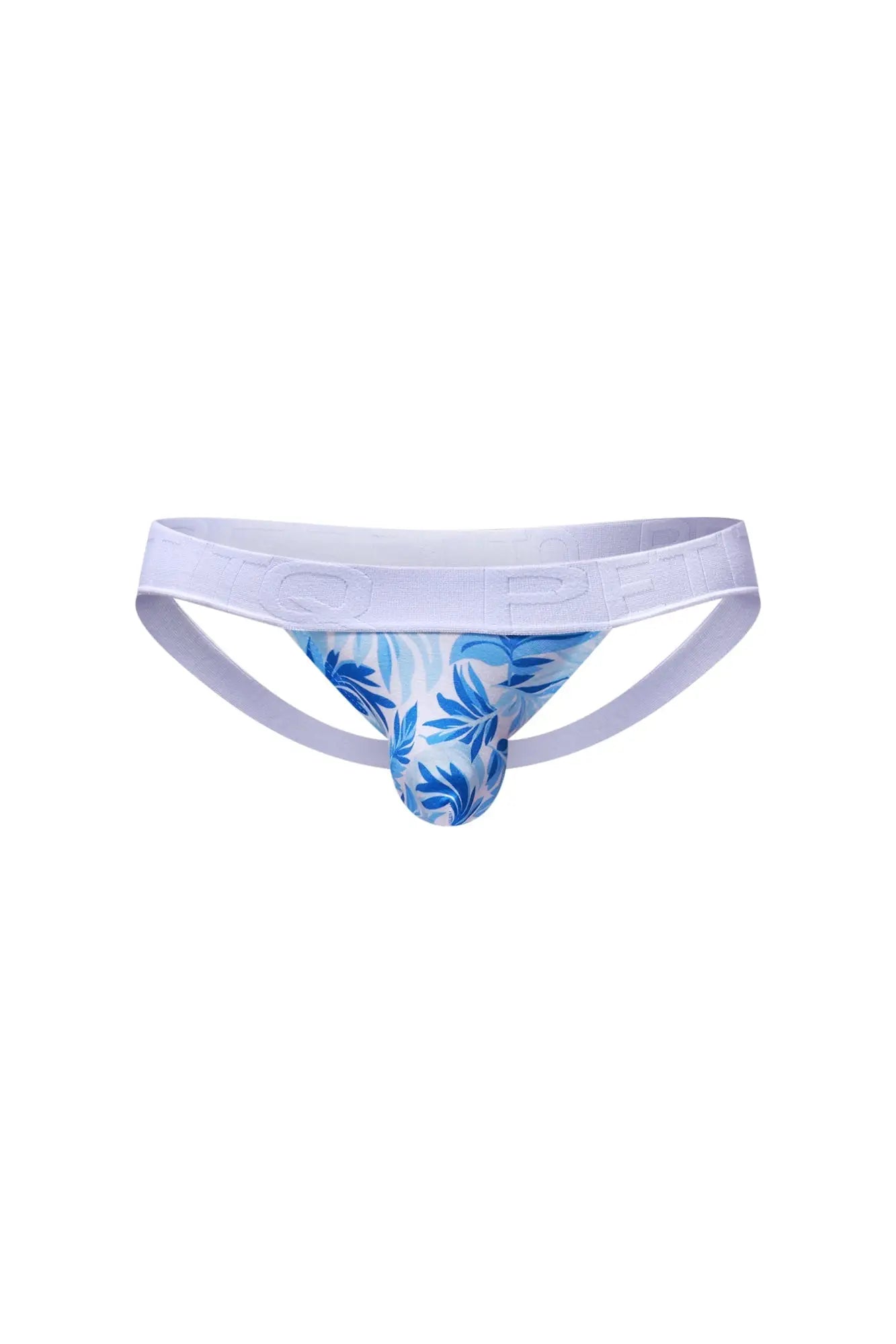 Blue and white leaf patterned athletic brief with solid white waistband from PetitQ jockstrap chill maeha collection