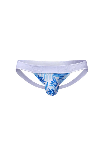 Blue and white leaf patterned athletic brief with solid white waistband from PetitQ jockstrap chill maeha collection