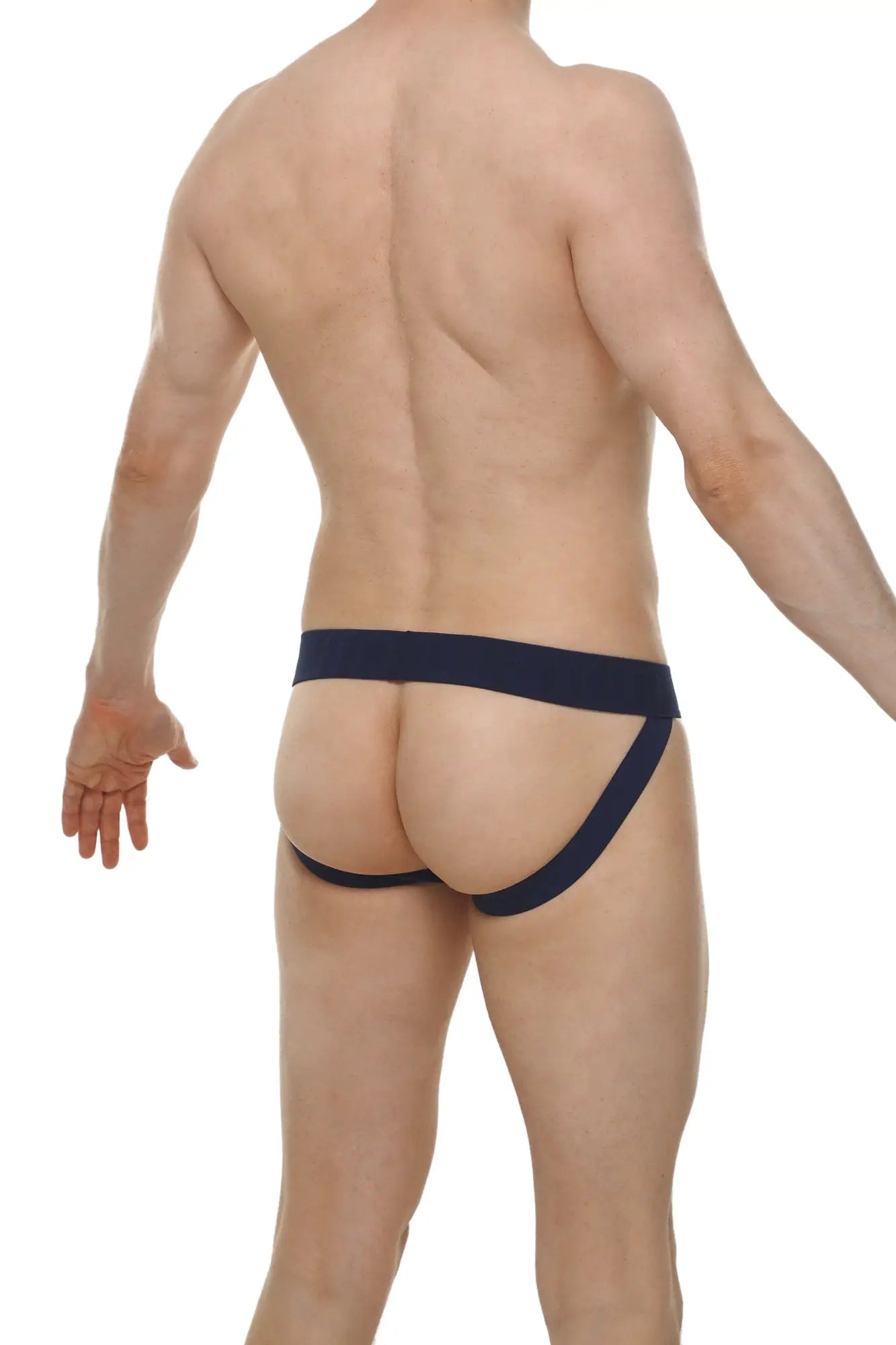 Navy blue jockstrap lace athletic briefs with snug supportive fit and smooth fabric finish shown from the back side