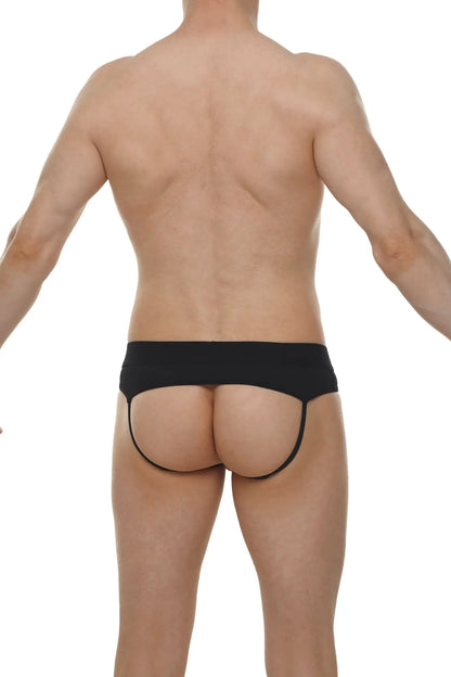 Black jockstrap open skine briefs with narrow waistband and thin leg straps designed for a snug fit