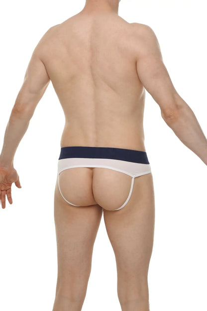 White and navy blue jockstrap briefs with a narrow waistband designed for open skine comfort and support