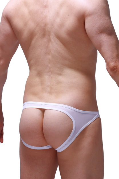 White petitq jockstrap roppe plum thong with a form-fitting cutout design showing the back side