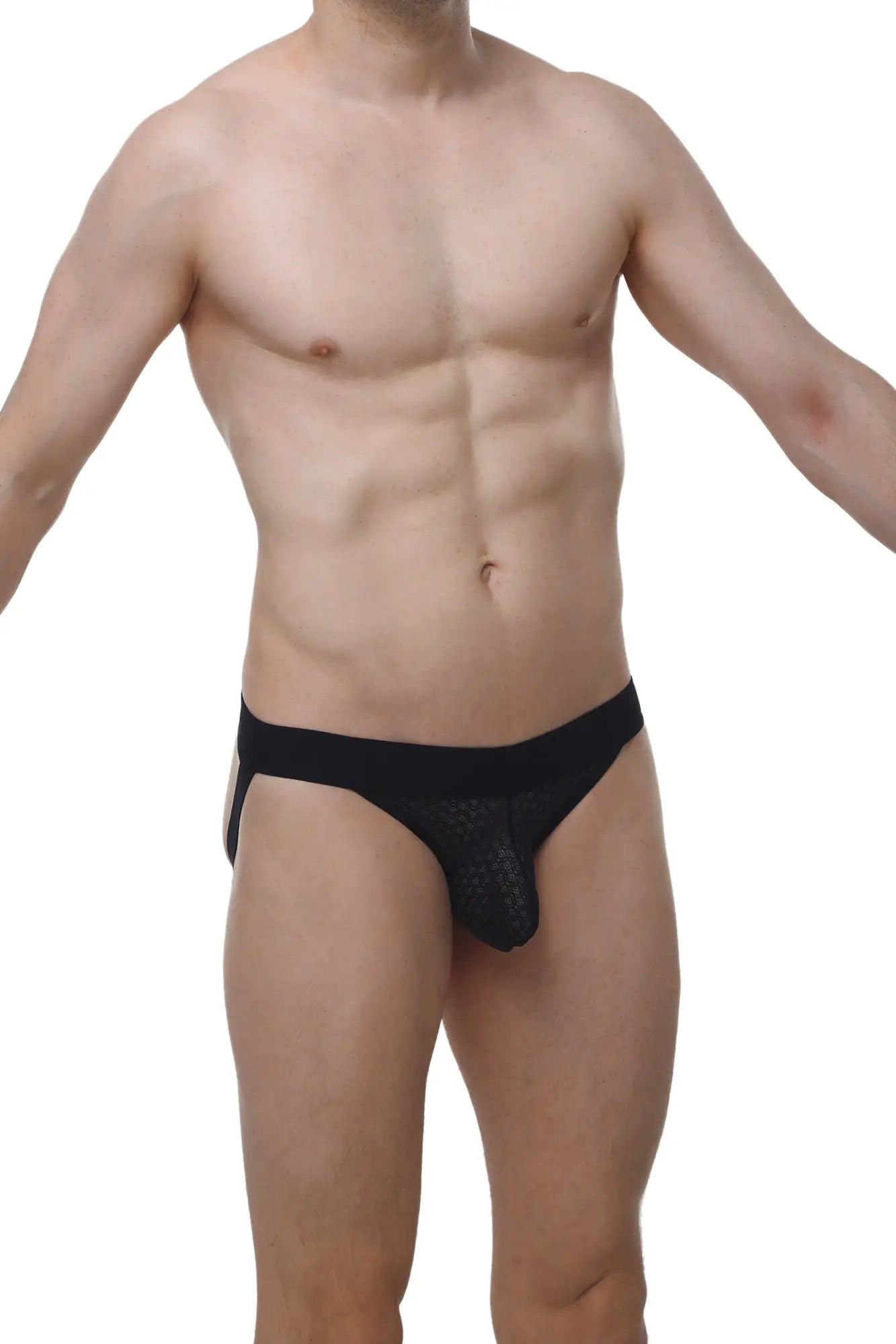 Black mesh briefs with a solid black waistband petitq jockstring macra black showing the back side