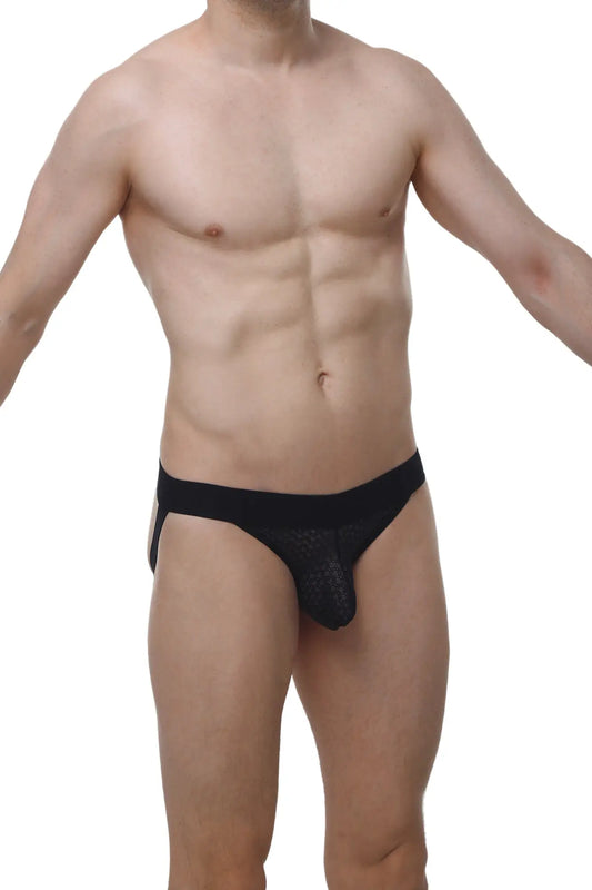 Black mesh briefs with a solid black waistband petitq jockstring macra black showing the back side