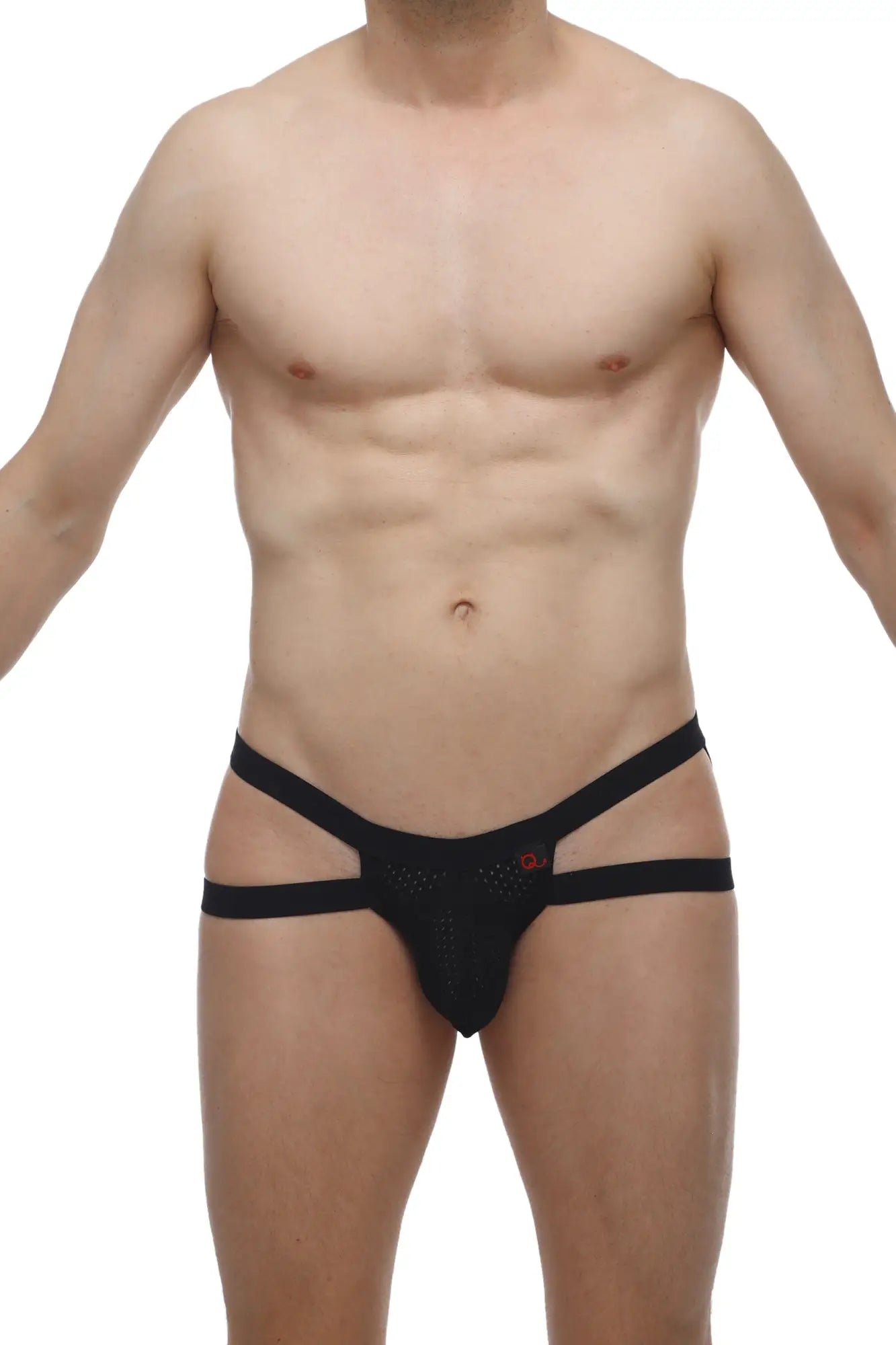 PetitQ jockstring Marcq bee black black mesh briefs with three horizontal straps and small red logo on front