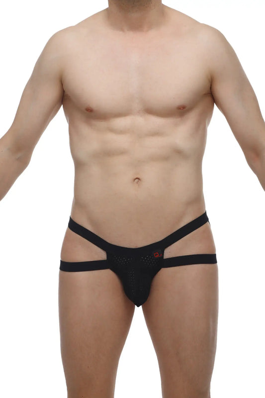 PetitQ jockstring Marcq bee black black mesh briefs with three horizontal straps and small red logo on front