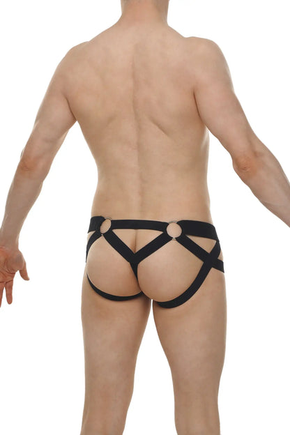 Black harness-style jock thong briefs with crisscross design and circular metal rings in lace material