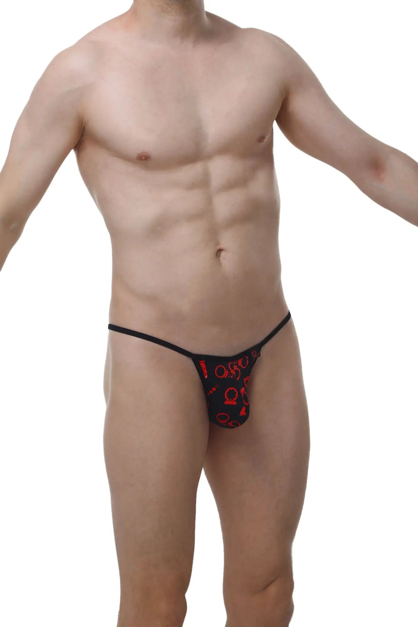 Black thong with red graphic patterns from petitq kini boudoir showcasing front design