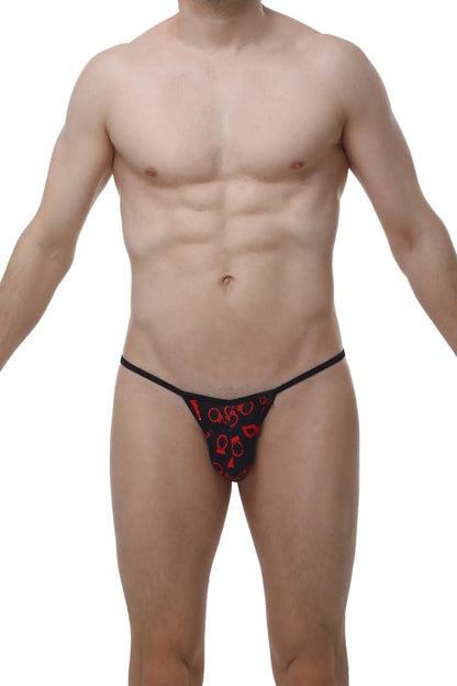 Black thong with red keyhole pattern from PetitQ Kini Boudoir featuring sheer mesh fabric and intricate detailing