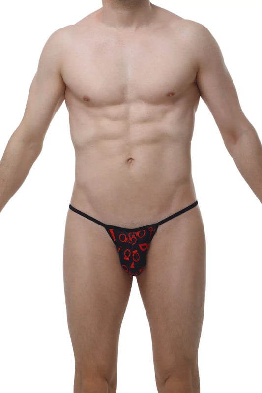 Black thong with red keyhole pattern from PetitQ Kini Boudoir featuring sheer mesh fabric and intricate detailing