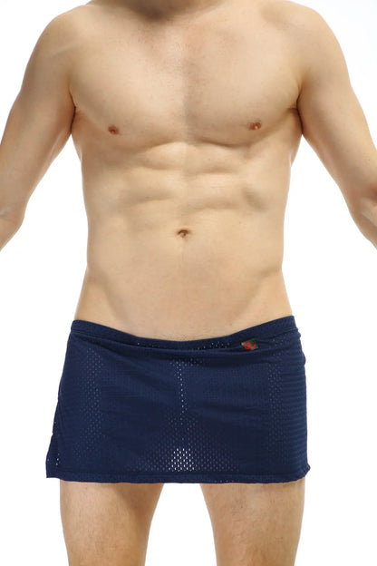 Navy blue mesh swim trunks with a ribbed texture and a small orange logo on the waistband by PetitQ