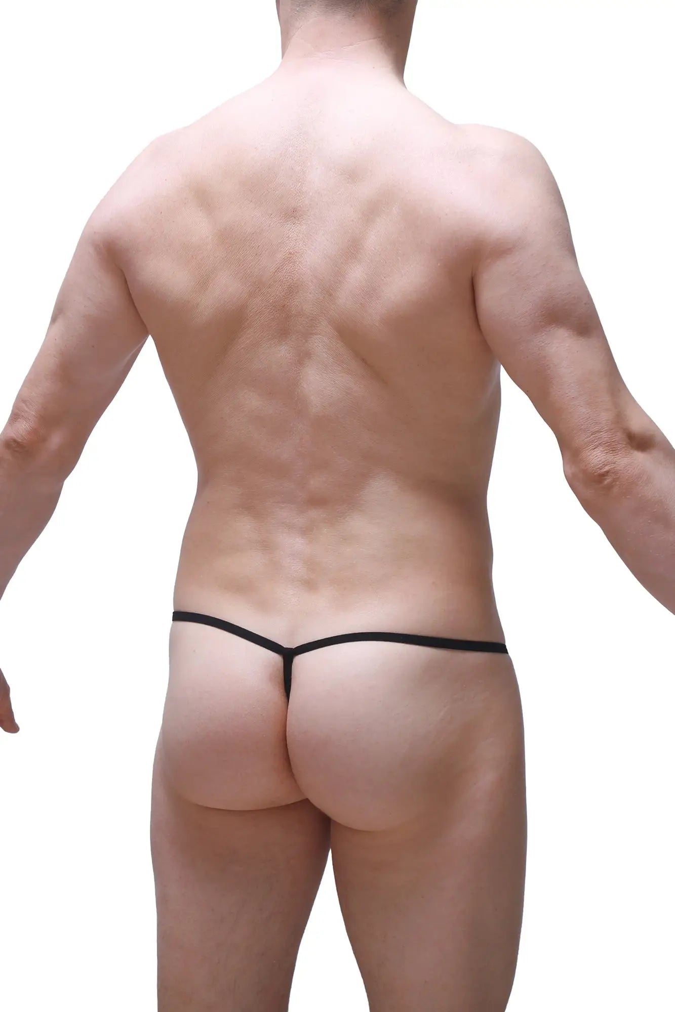 Black petitq micro g-string thong with a thin sleek design shown from the back in prussian color
