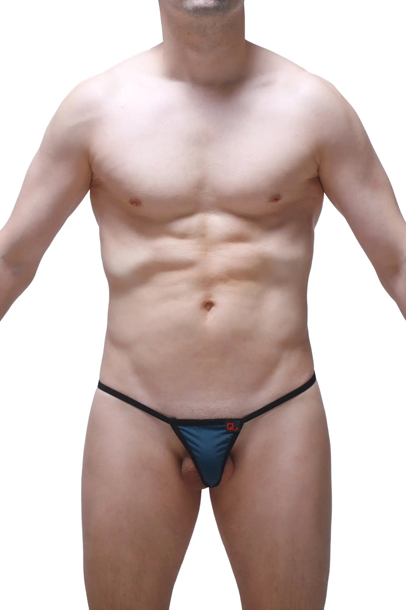 Petitq micro g-string prussian blue satin thong with black trim and a small red logo on the front