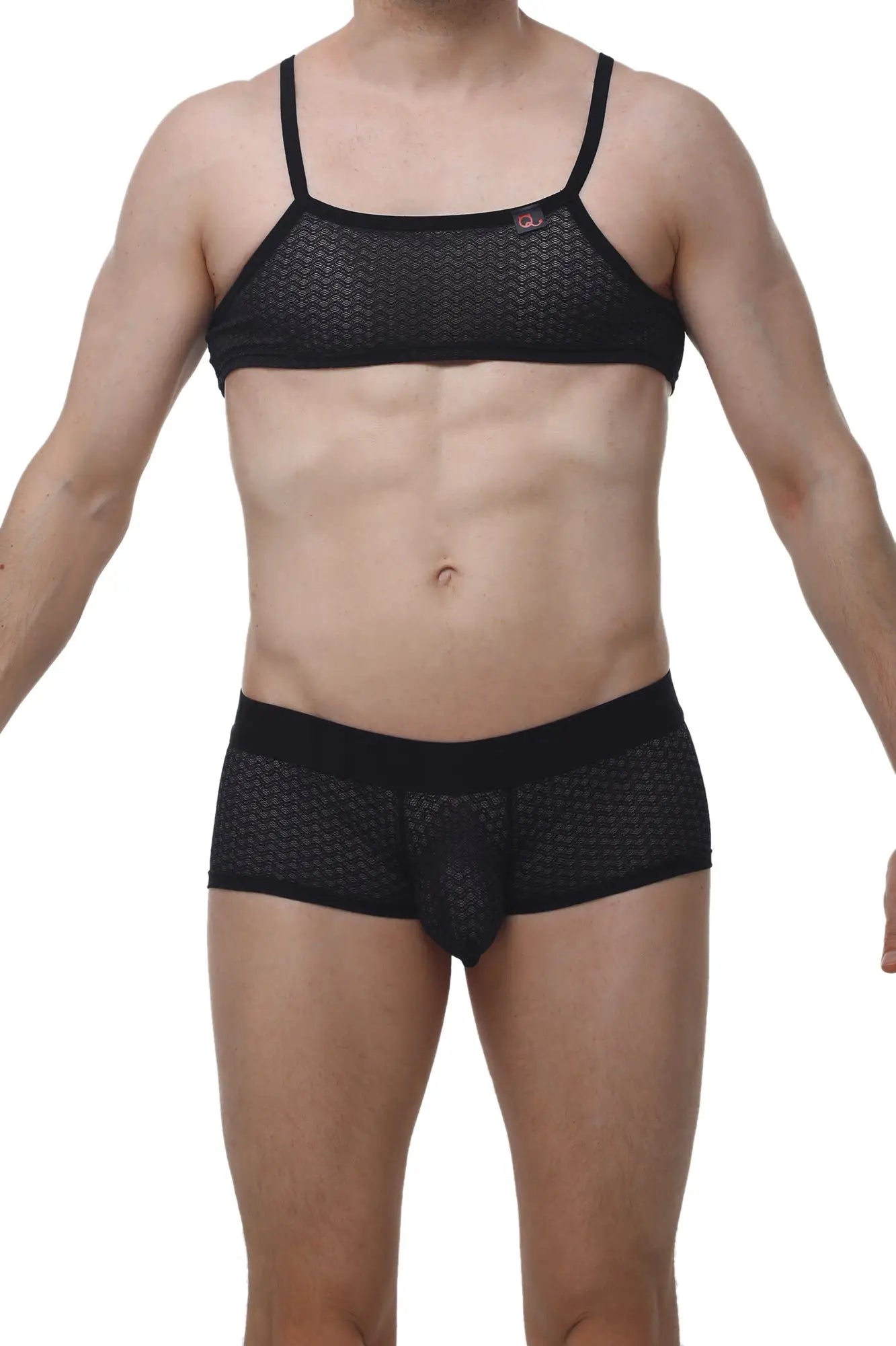 Black mesh bra and matching briefs set with thin straps and textured pattern petitq micro tank macra black