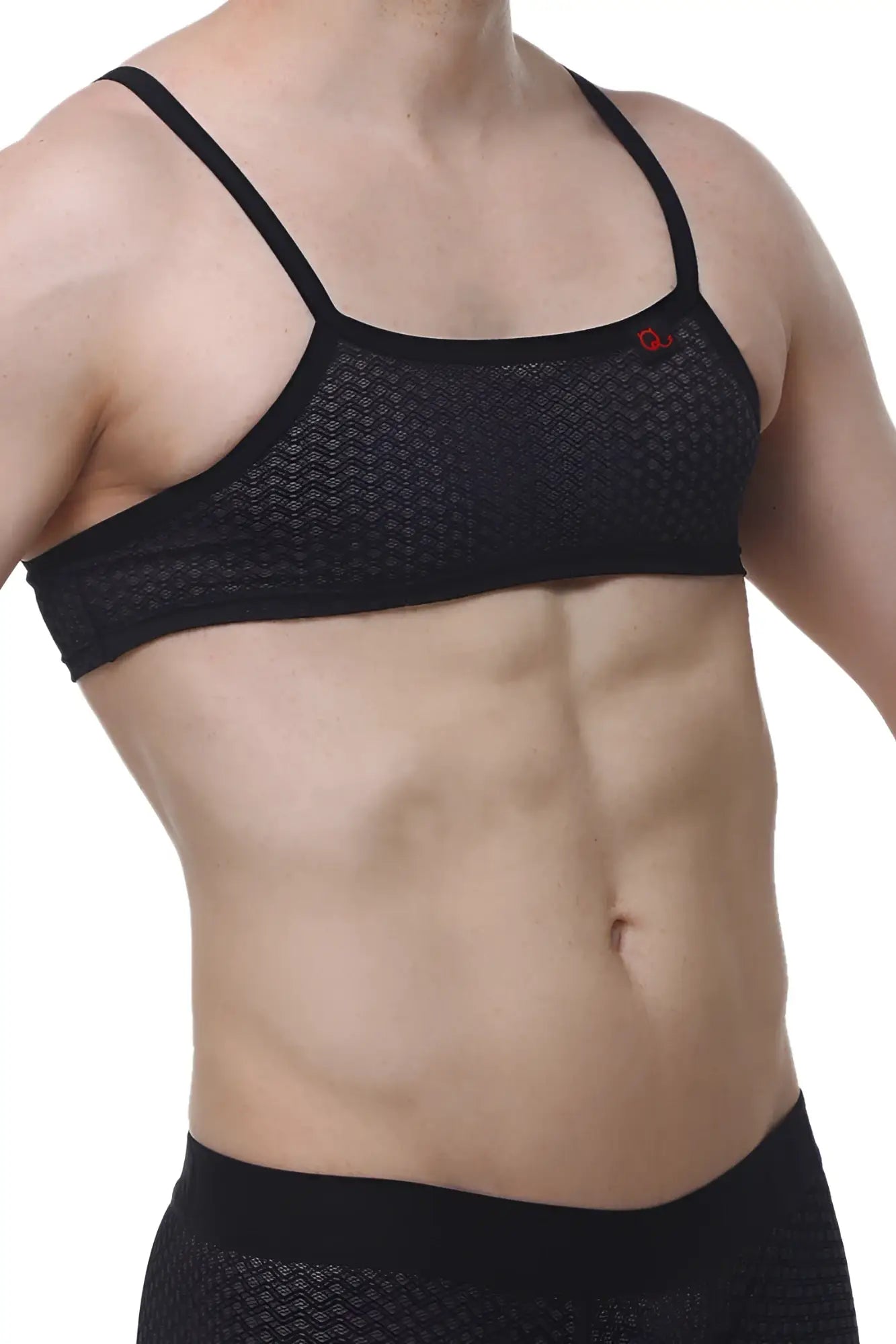 PetitQ Micro Tank Macra black mesh sports bra with thin straps and a small red logo on the upper right side