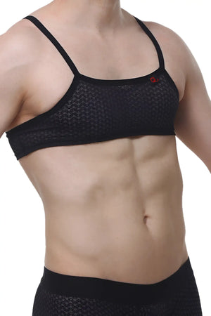 PetitQ Micro Tank Macra black mesh sports bra with thin straps and a small red logo on the upper right side
