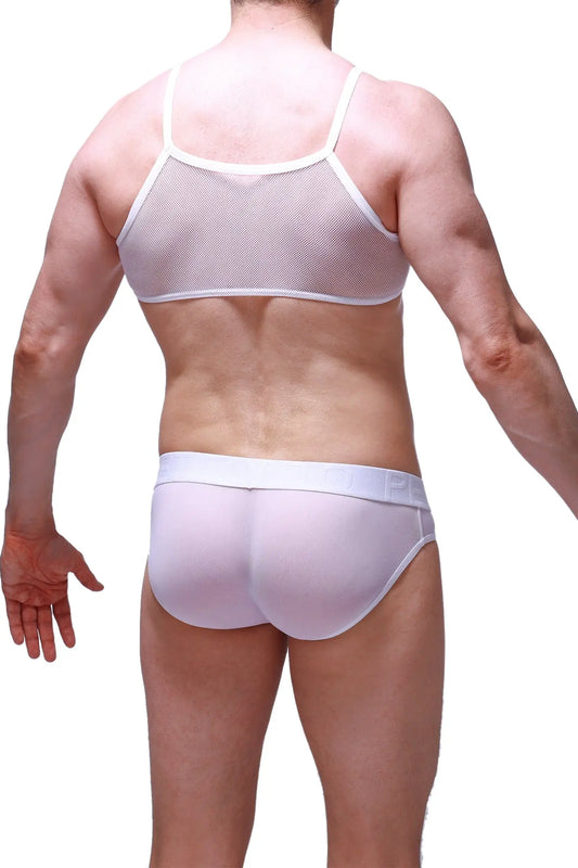 White mesh tank top with thin straps and matching white briefs from PetitQ micro tank top mesh white collection