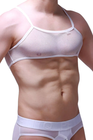 White mesh tank top with thin straps and subtle logo on chest petitq micro tank top mesh white