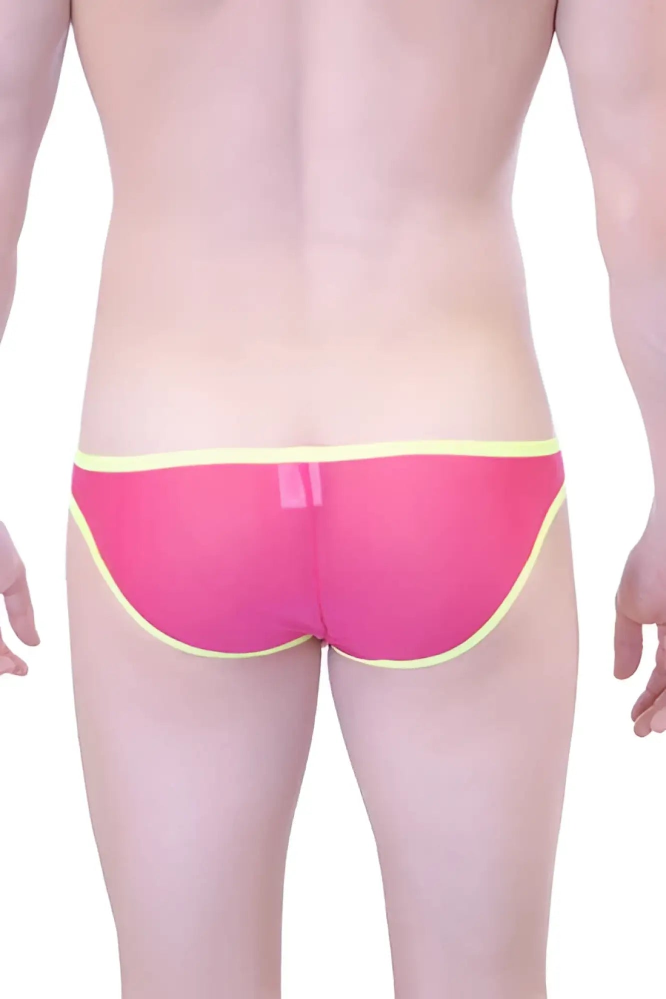 Petit-Q big bulge transparent bikini underwear in bright pink mesh with yellow trim size L showing front view