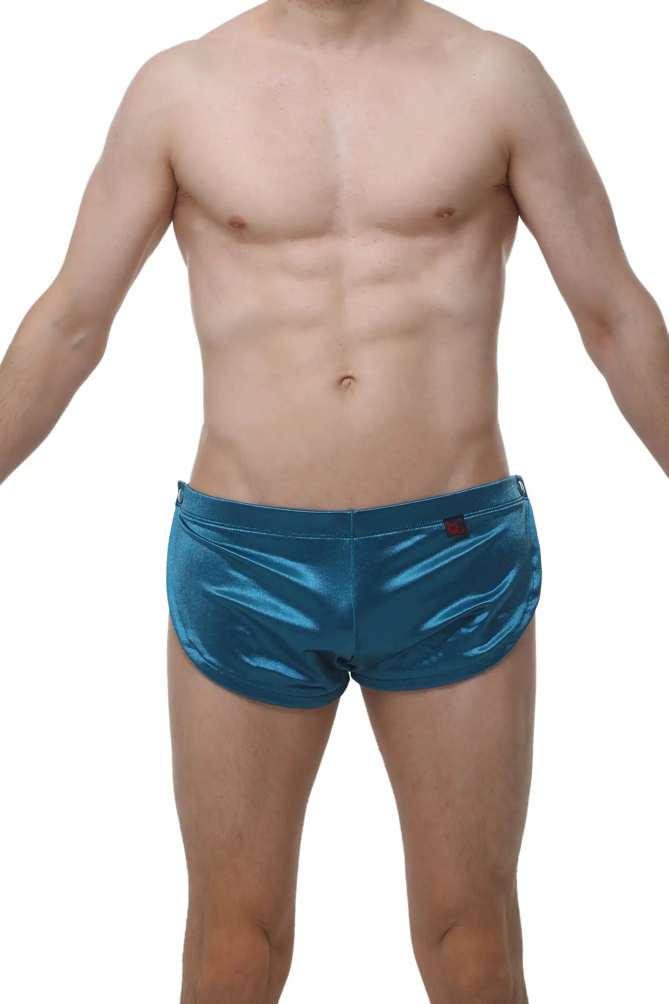 Shiny teal metallic swim trunks petitq shorts snap satin teal with a sleek satin finish for vibrant beachwear