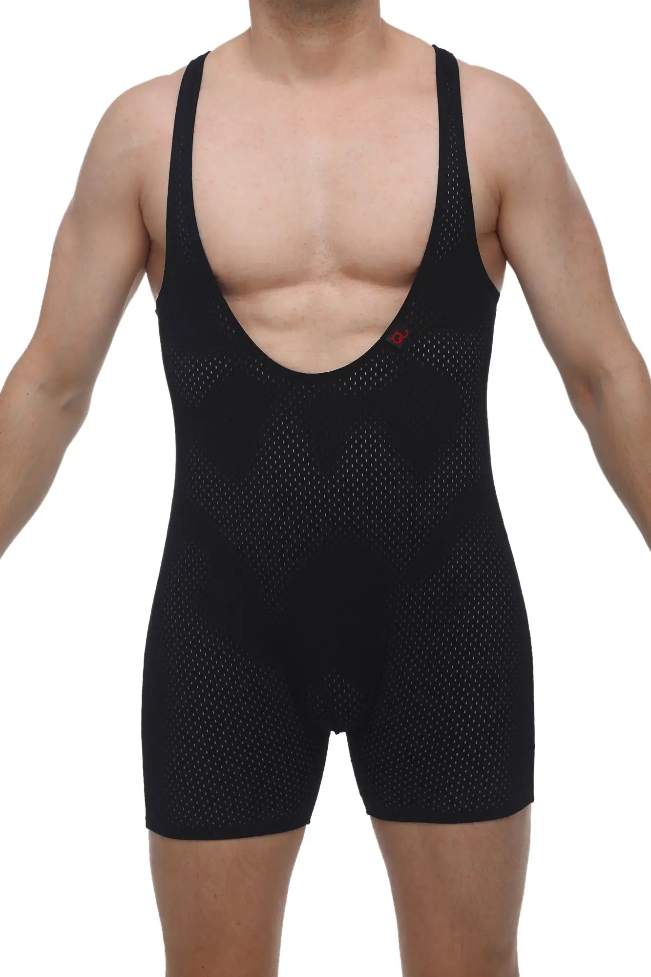 Petitq singlet bee black mesh athletic bodysuit with deep scoop neckline and wide shoulder straps