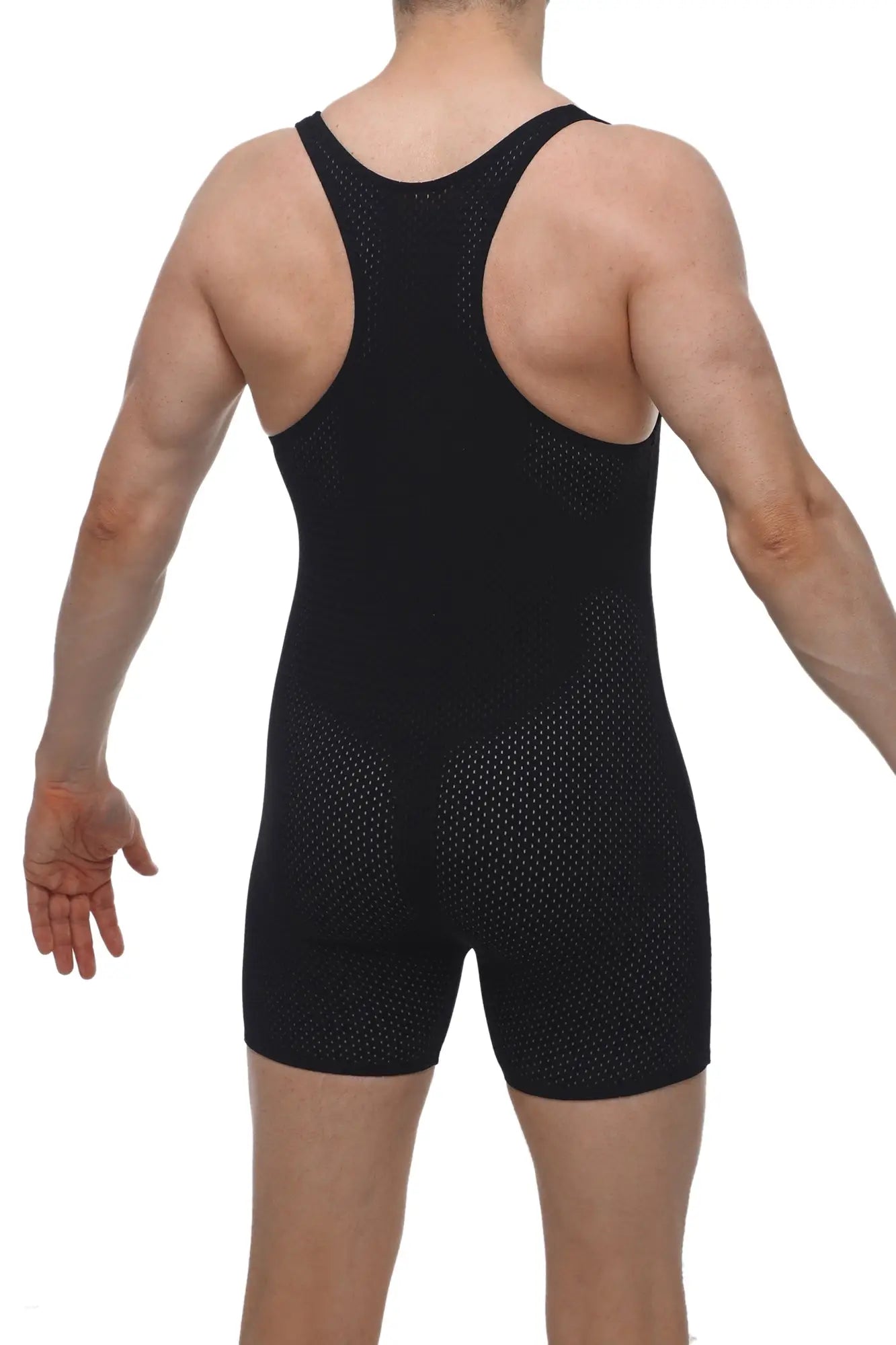 Black mesh-textured compression bodysuit with racerback design shown from the back petitq singlet bee black