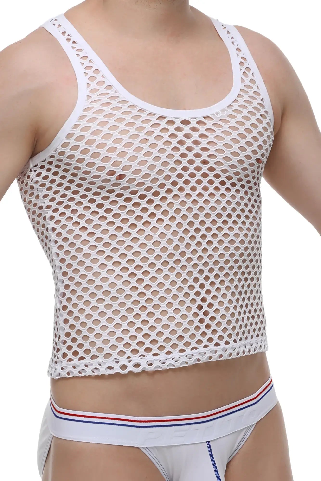 White mesh tank top petitq with scoop neckline and adjustable shoulder straps for breathable casual wear
