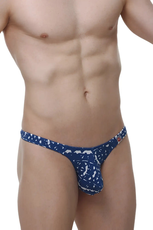 Blue patterned men’s thong with white abstract design made from denim fabric petitq thong annoix new denim
