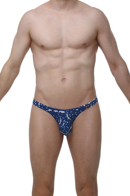 Blue patterned men’s briefs with white abstract designs from petitq thong annoix new denim collection