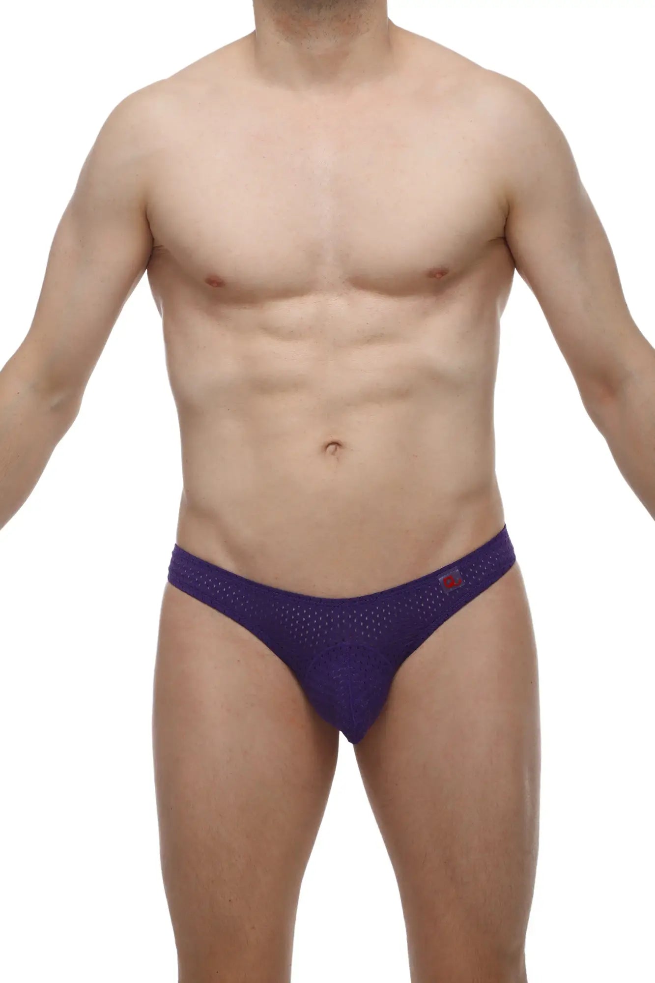 Purple mesh petitq thong arkeuil bee with a subtle red logo on the waistband showing front side