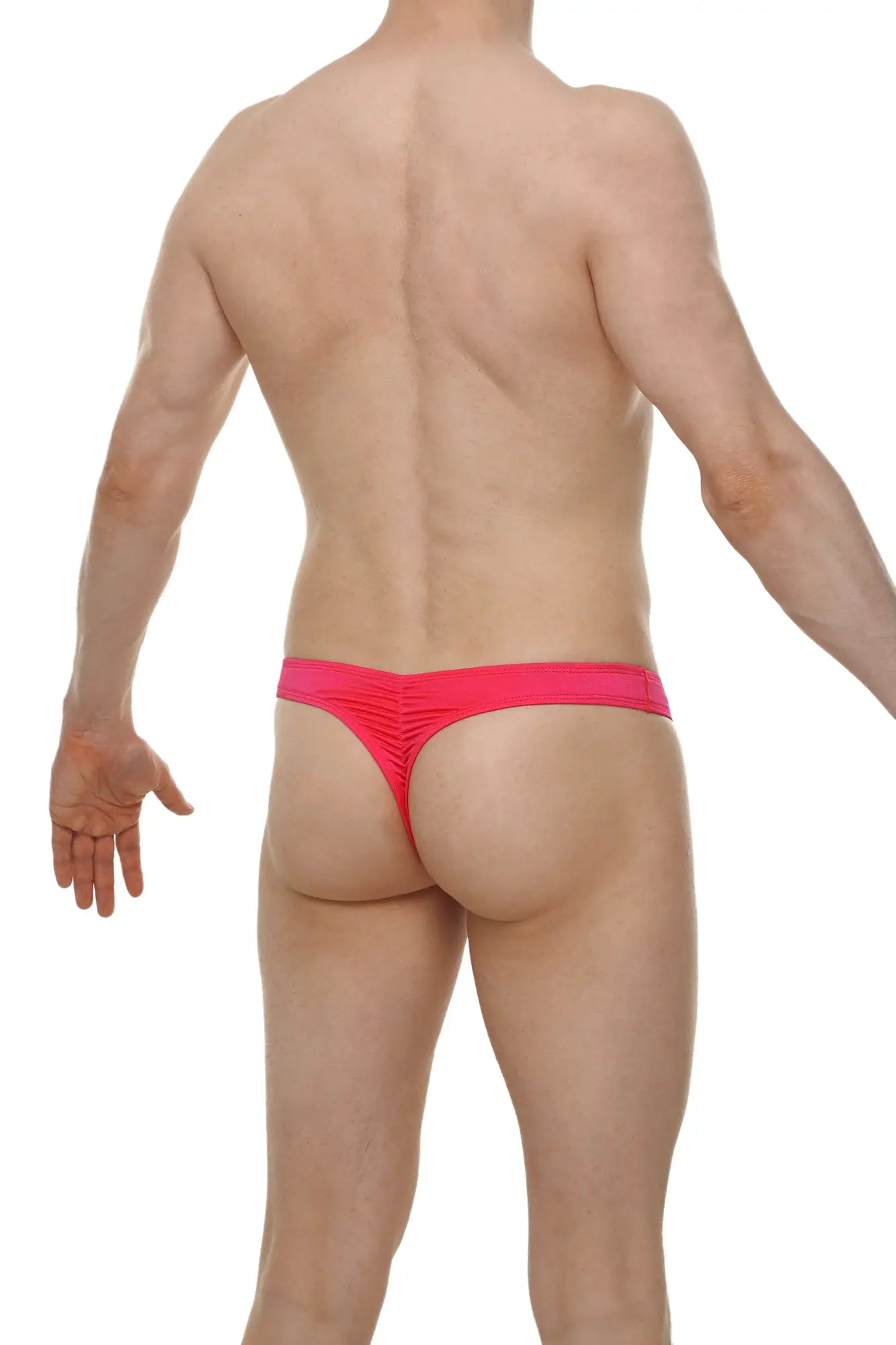 Bright pink form-fitting thong bulan joe made of stretchy fabric shown from the back side