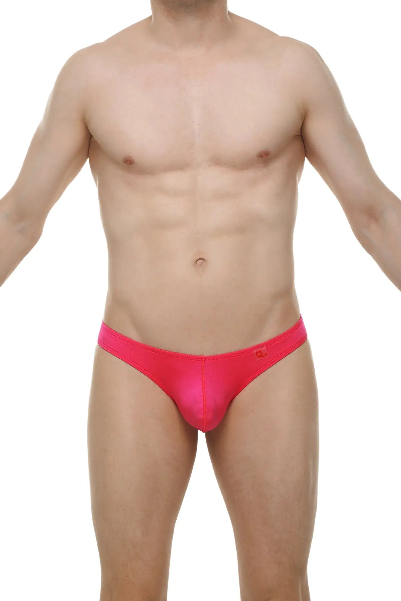 Bright pink thong bulan joe with glossy smooth fabric and small logo on the waistband front side visible