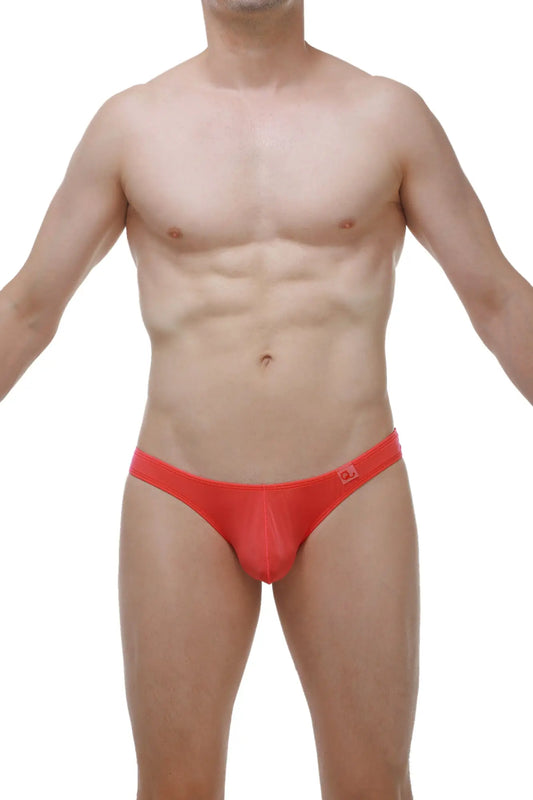 Bright red form-fitting men’s briefs with subtle logo on waistband from petitq thong bulan plum crimson collection