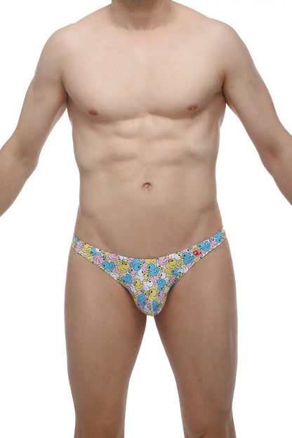 Petitq thong chill duckies is a colorful cartoon duck patterned men’s thong in stretchy lightweight fabric