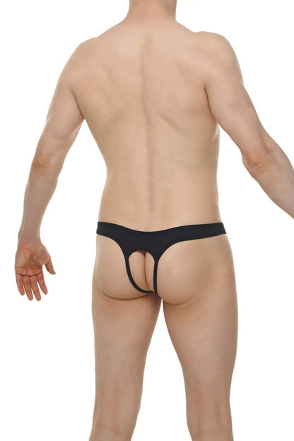Black thong with narrow waistband and central cutout from thong cuens plum black collection showcasing back side view
