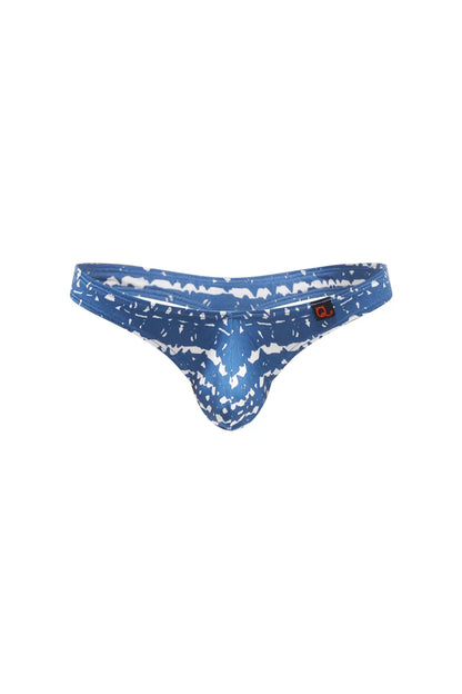 PetitQ thong dome new denim men’s thong in blue and white patterned shiny stretchy fabric showing front side
