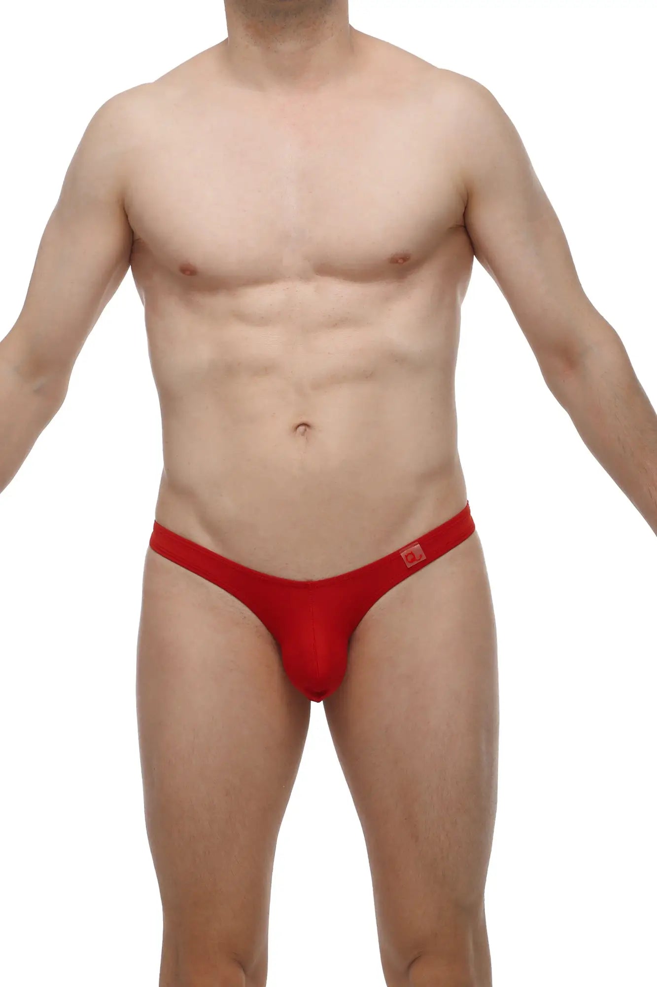 Petitq thong dome red men’s briefs in snug form-fitting design with small logo on waistband made from soft fabric