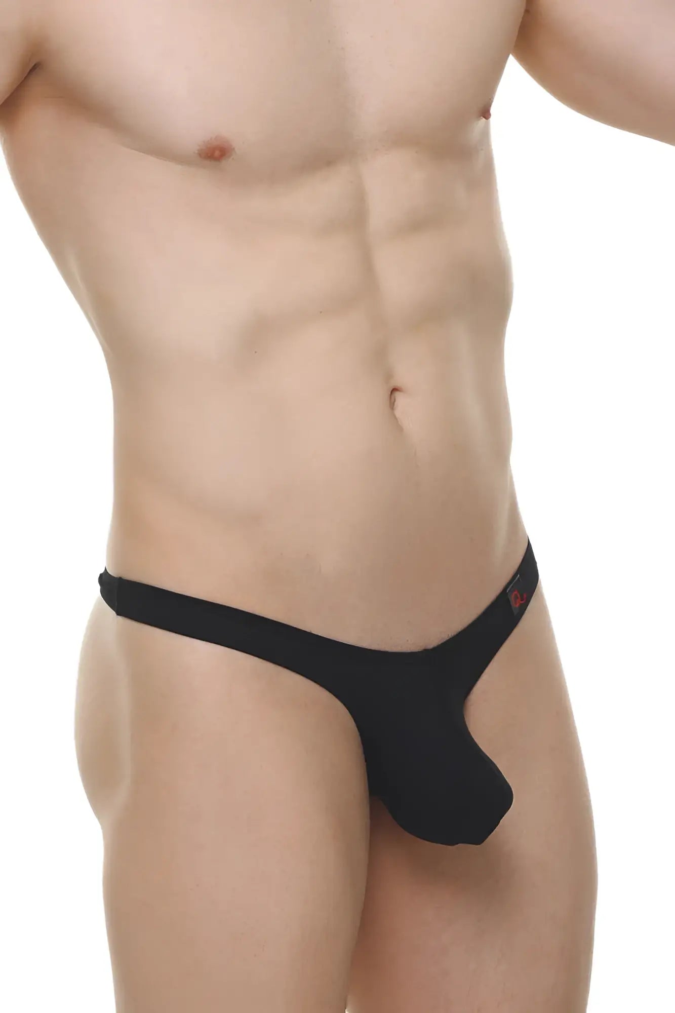 Black form-fitting thong dome skine black with a small red logo on the waistband shown from the back side