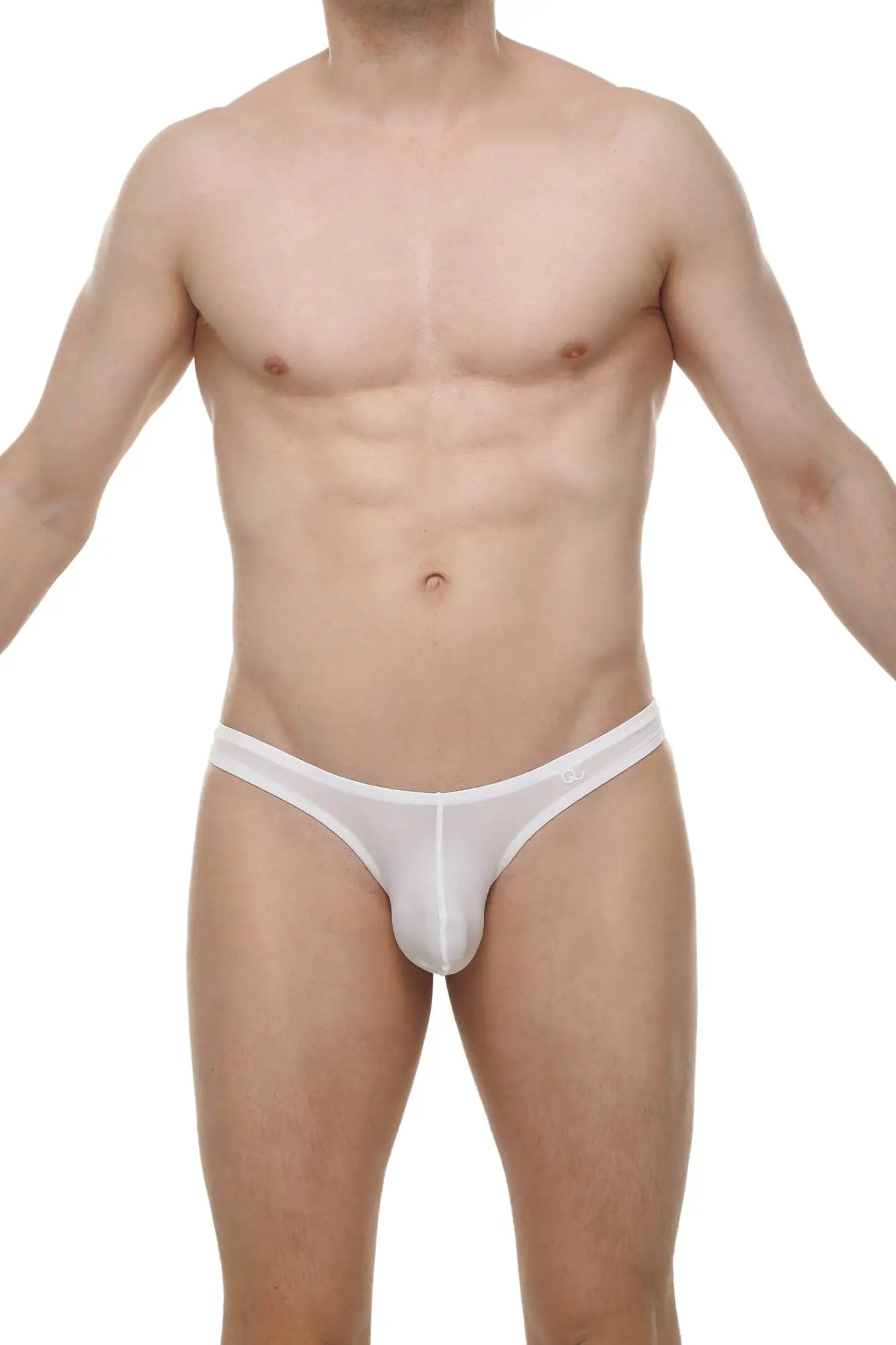 White mens thong dome skine white made of smooth stretchy fabric with subtle logo on the waistband front side