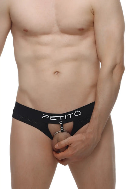 Black petitq thong with central ring attachment designed as a hole cockring bee for intimate wear