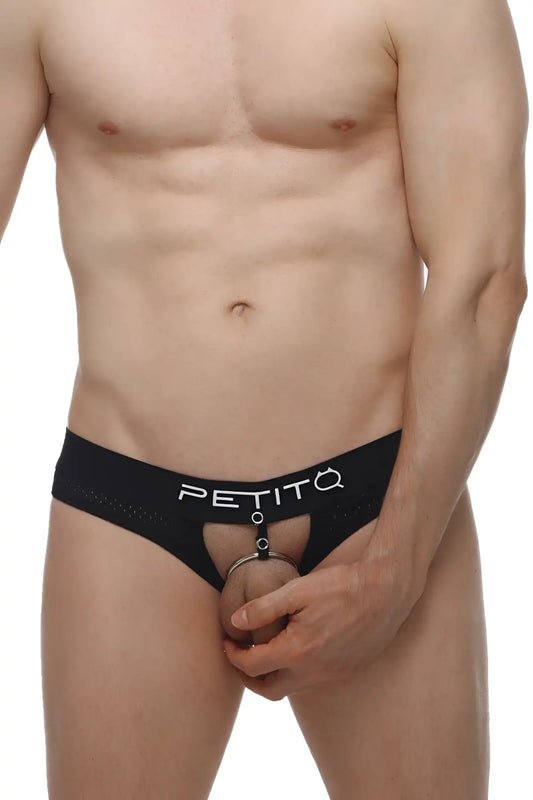 Black petitq thong with central ring attachment designed as a hole cockring bee for intimate wear