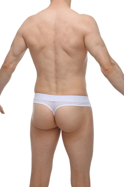 White mesh thong with solid waistband and built-in cockring by PetitQ in bee white color shown from the back side