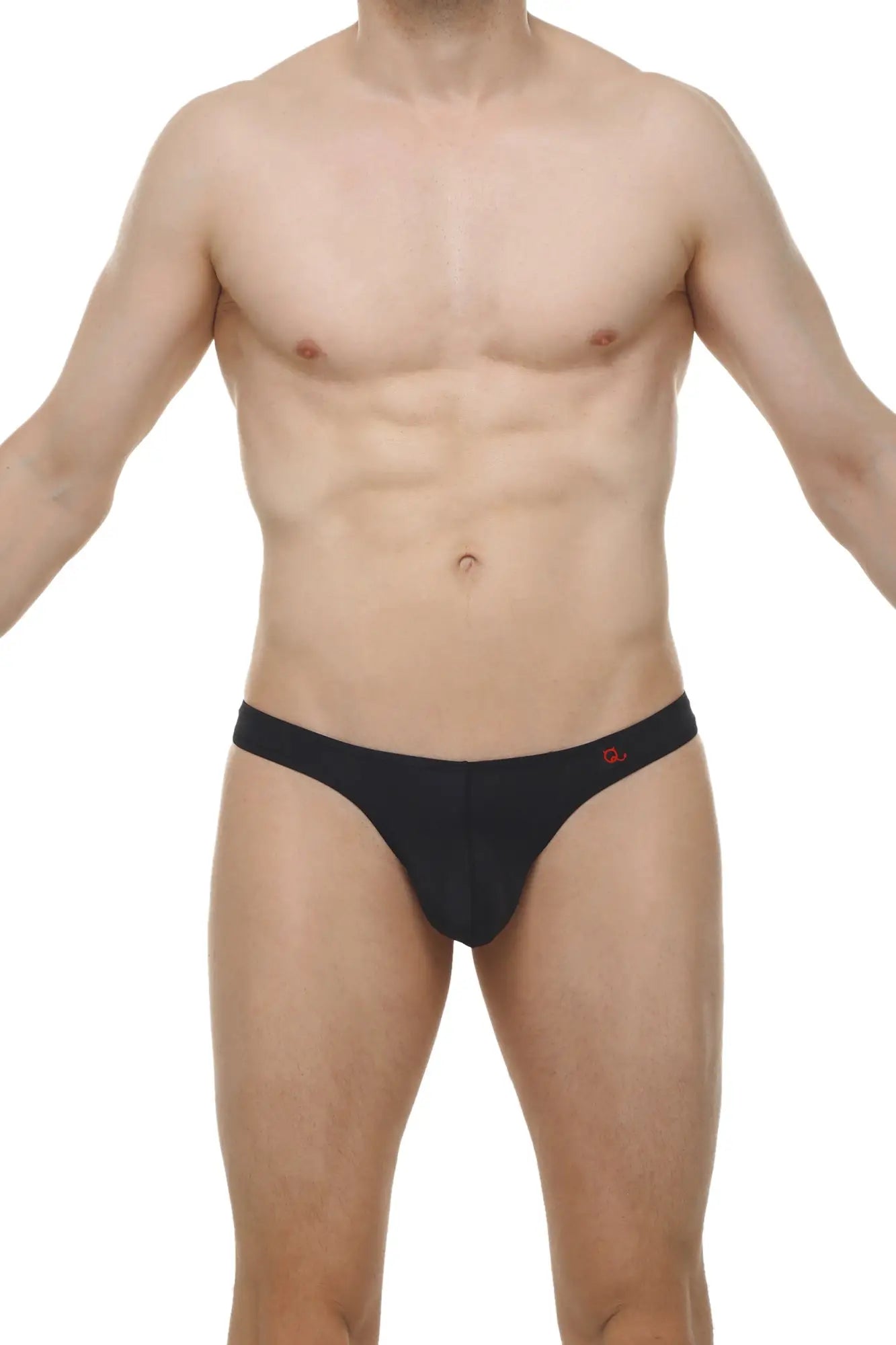 Black men’s briefs with subtle red logo on waistband featuring thong lasso cockring plum black design