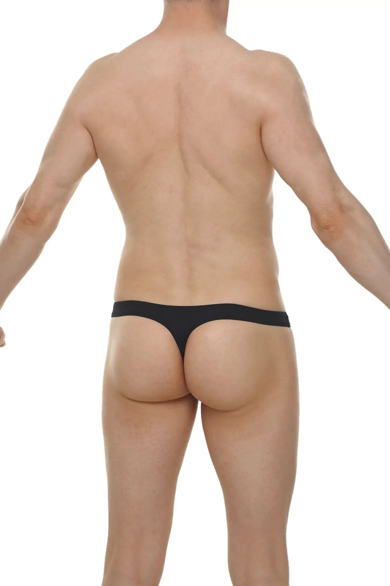 Black thong underwear with smooth seamless fabric shown from the back in thong lasso cockring plum black design