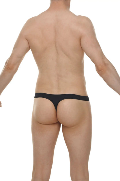 Black thong underwear with smooth seamless fabric shown from the back in thong lasso cockring plum black design