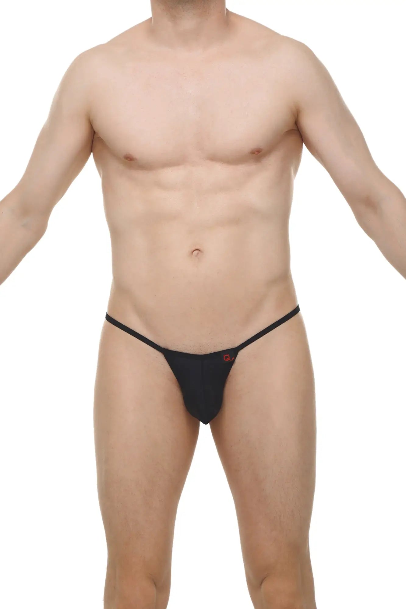Black thong migny plum with thin elastic waistband and small red logo on the front made of soft fabric