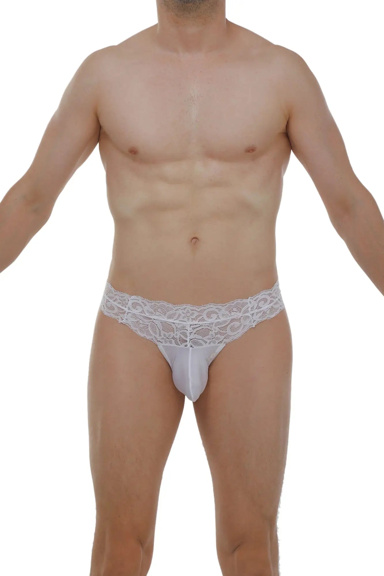 White lace-trimmed men’s thong plessis lace white with sheer form-fitting design shown from the back side